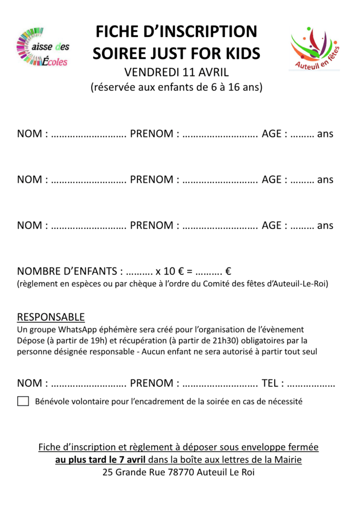 Fiche inscription Soirée Just for Kids du 11 04 2025
