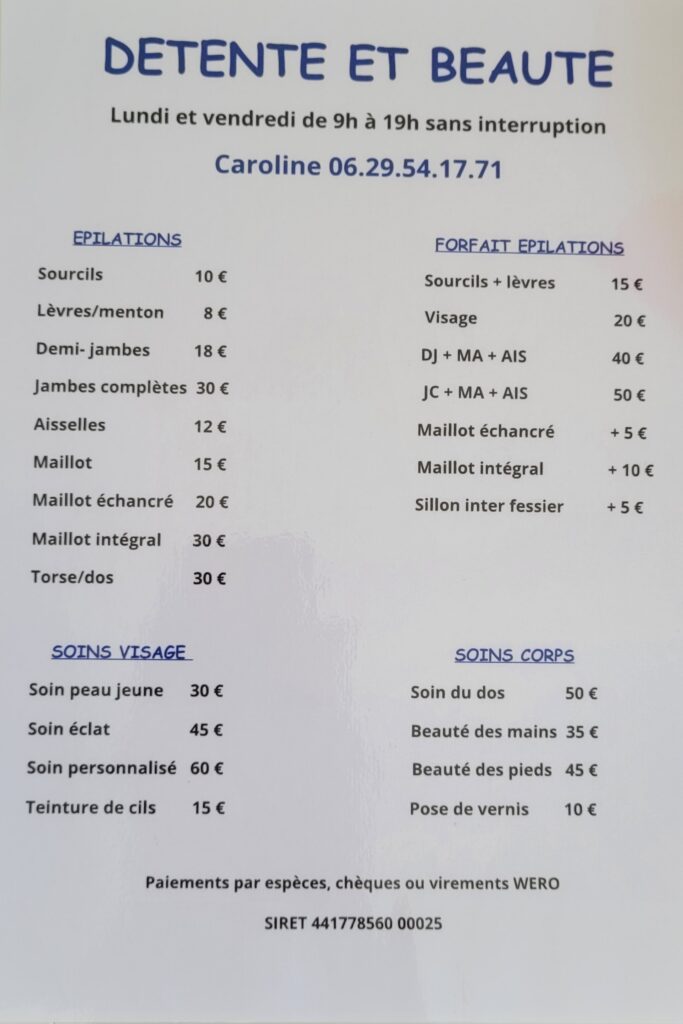 Tarifs Détente et Beauté