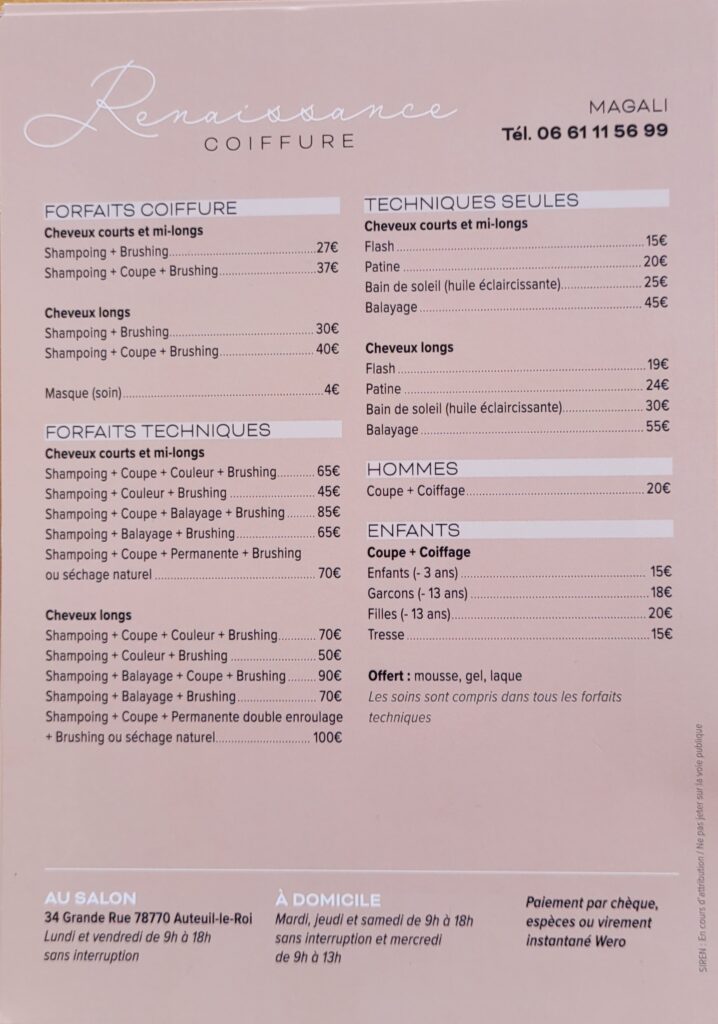 Tarifs Renaissance Coiffure